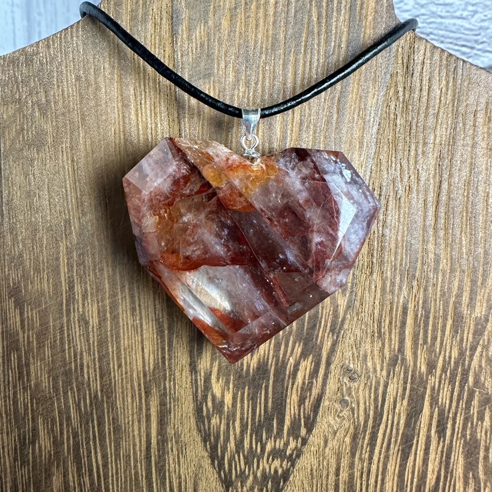 Fire Quartz Heart on Black Leather Rope